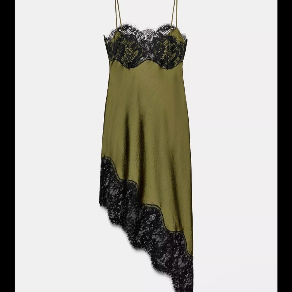 ZARA asymmetrical satin effect Dress with Black Lace Trim ZW COLLECTION NWT